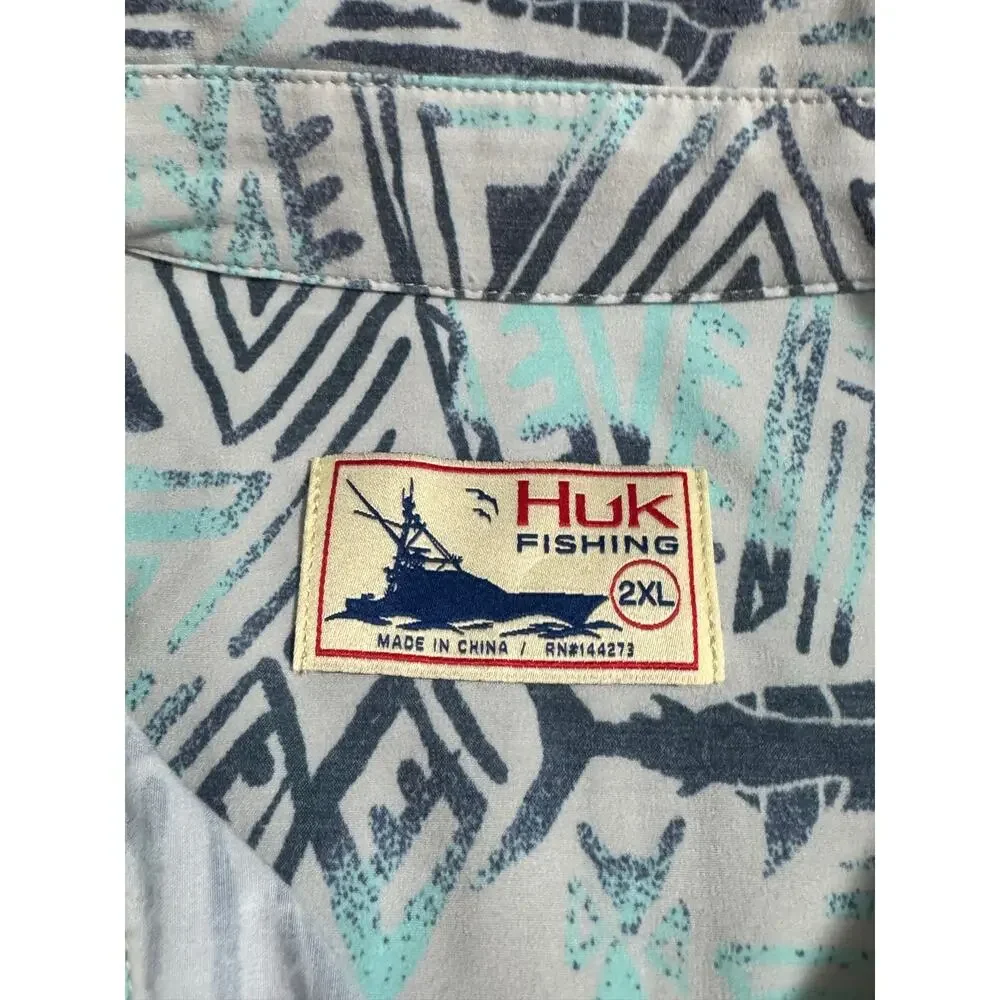 Huk White Blue Swordfish Stretch Button Up Shirt 2XL